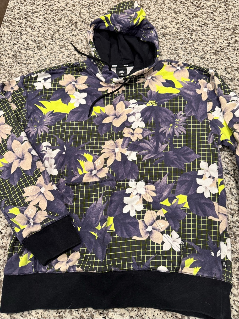 Nike Black Hoodie with Yellow & Purple Floral Grid